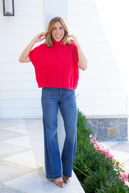 Plus/Reg Cable Knit Short Sleeve Pullover Sweater