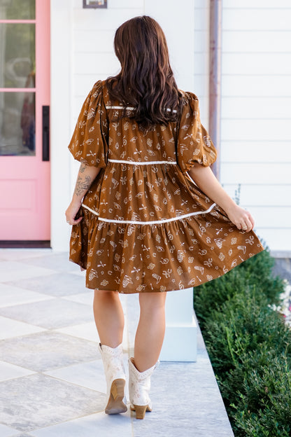 Plus/Reg Western Print Short Puff Sleeve Dress