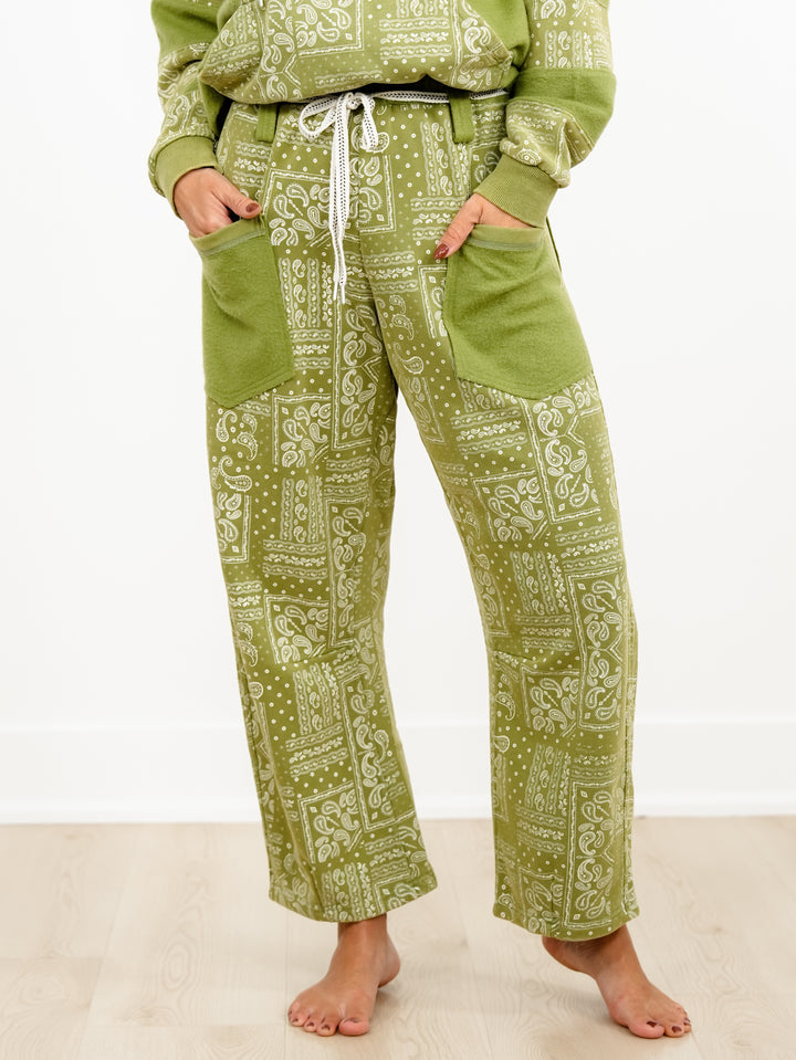 Paisley Patchwork Print Mineral Wash Barrel Leg Pants