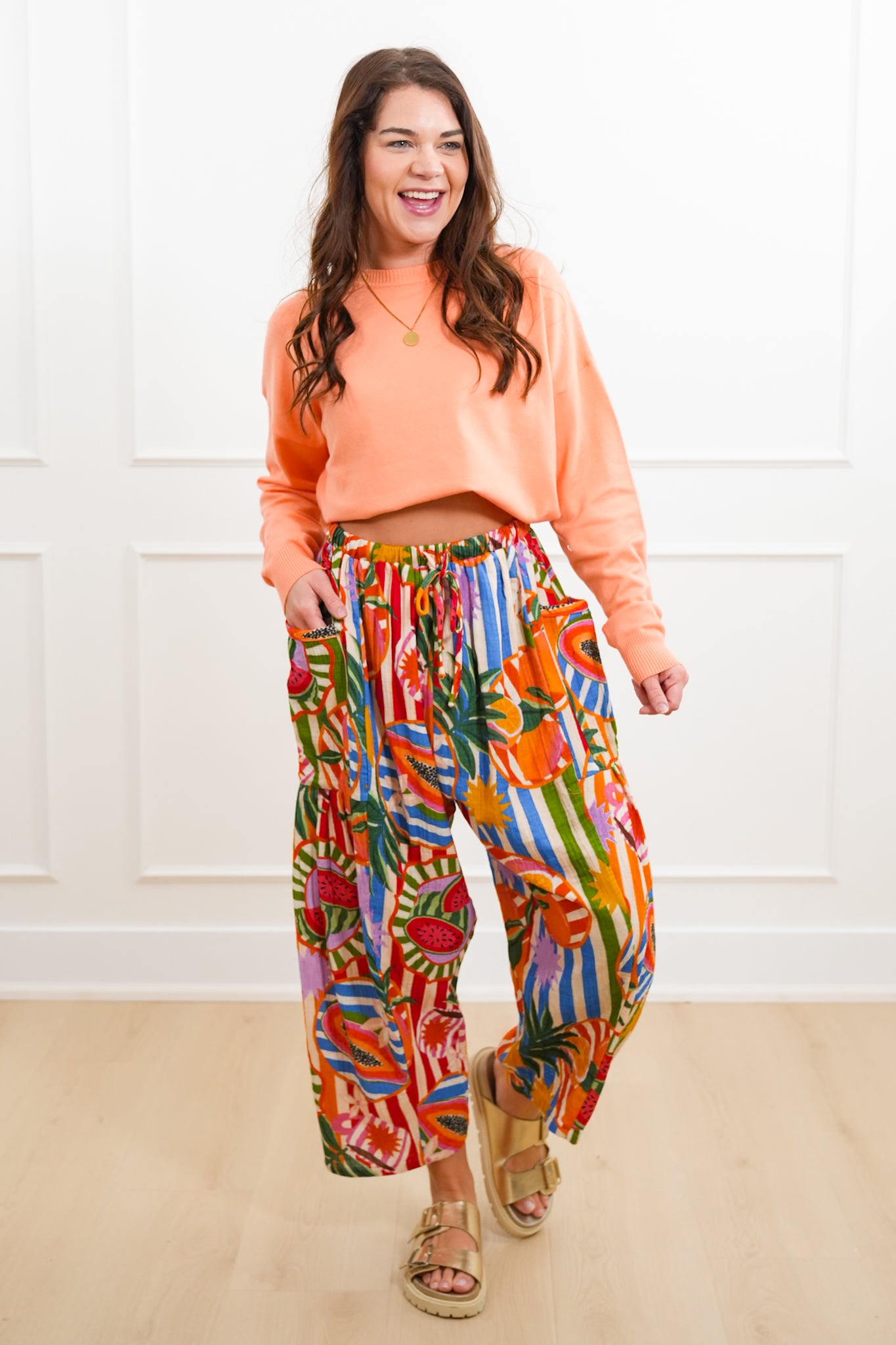 Plus/Reg Wide Leg Tropical Print Pants with Elastic Drawstring Waist