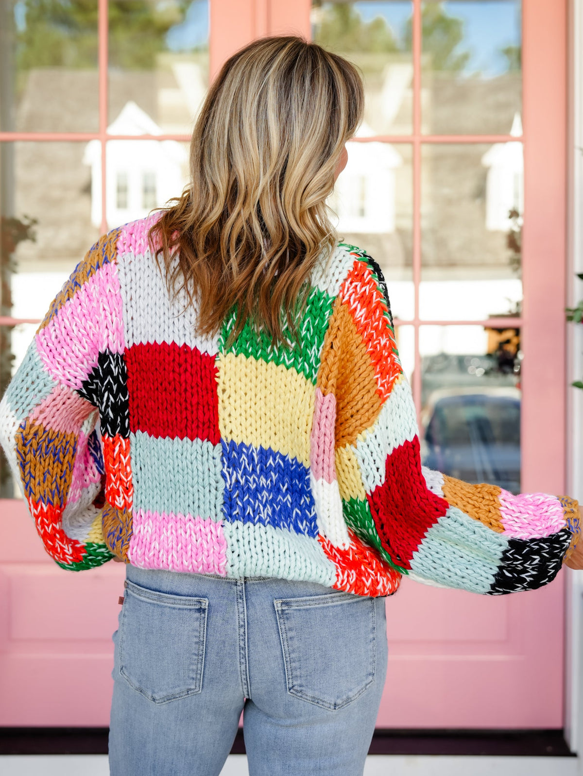 Multi Color Color Block Patch Long Sleeve Sweater - Freckled Poppy