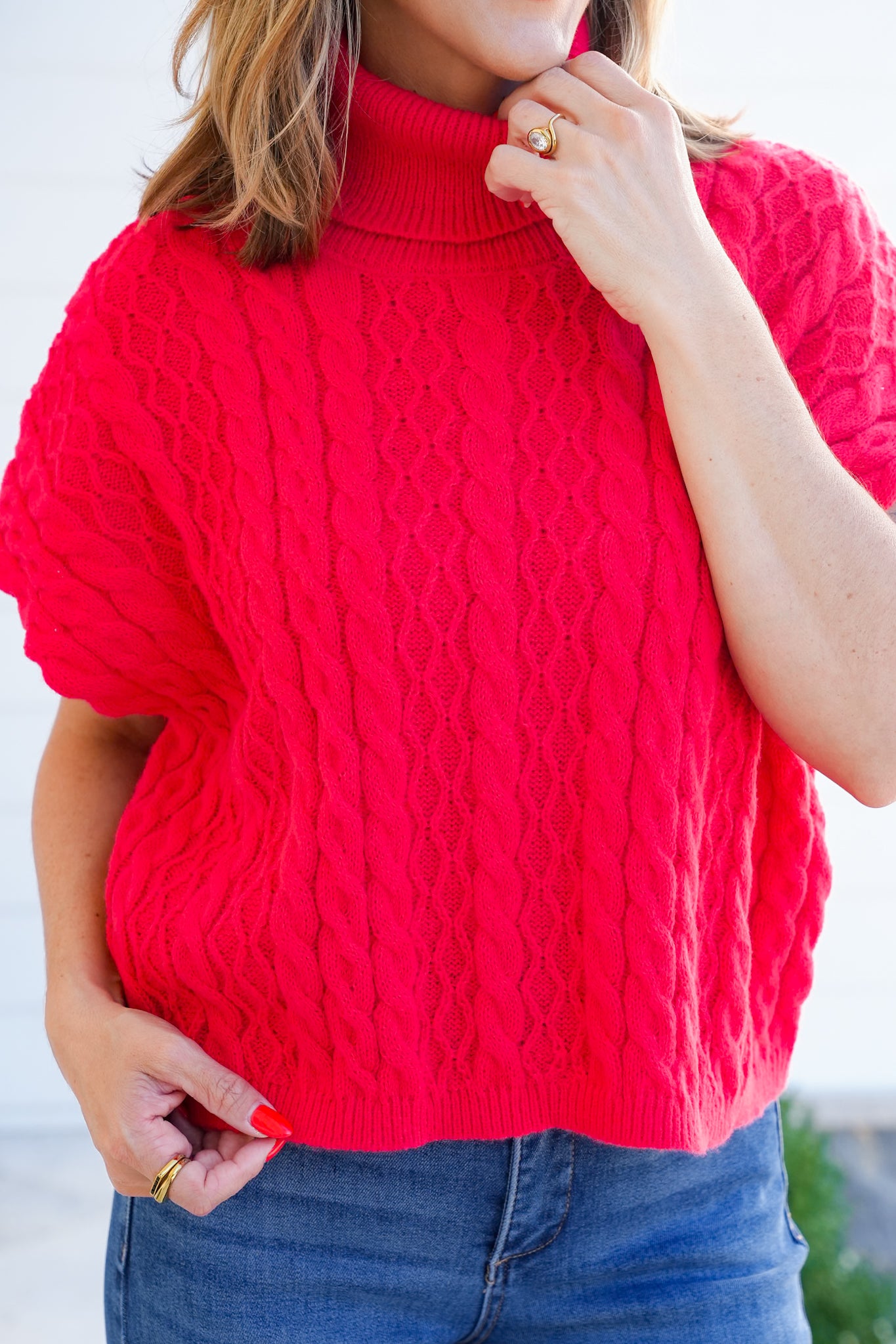 Plus/Reg Cable Knit Short Sleeve Pullover Sweater