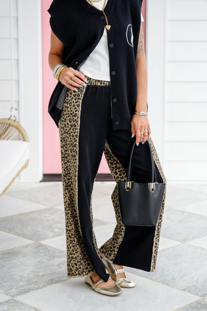 Black Wide Leg Elastic Waist Pants With Leopard Detail