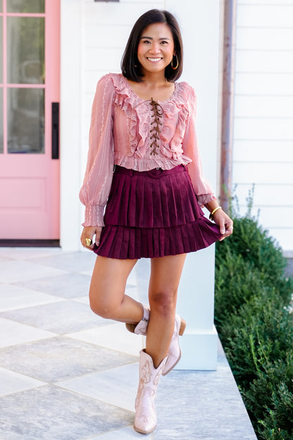 Long Sleeve Lace-Up Ruffle Blouse