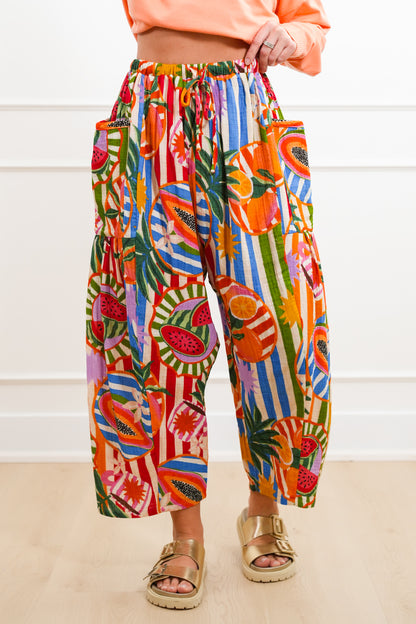 Plus/Reg Wide Leg Tropical Print Pants with Elastic Drawstring Waist