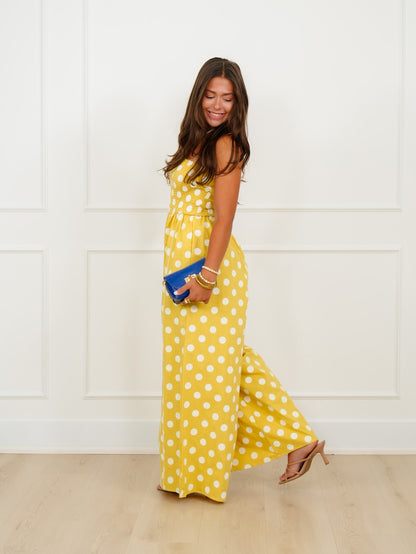 Sleeveless Polka Dot Print Smocked Top Jumpsuit