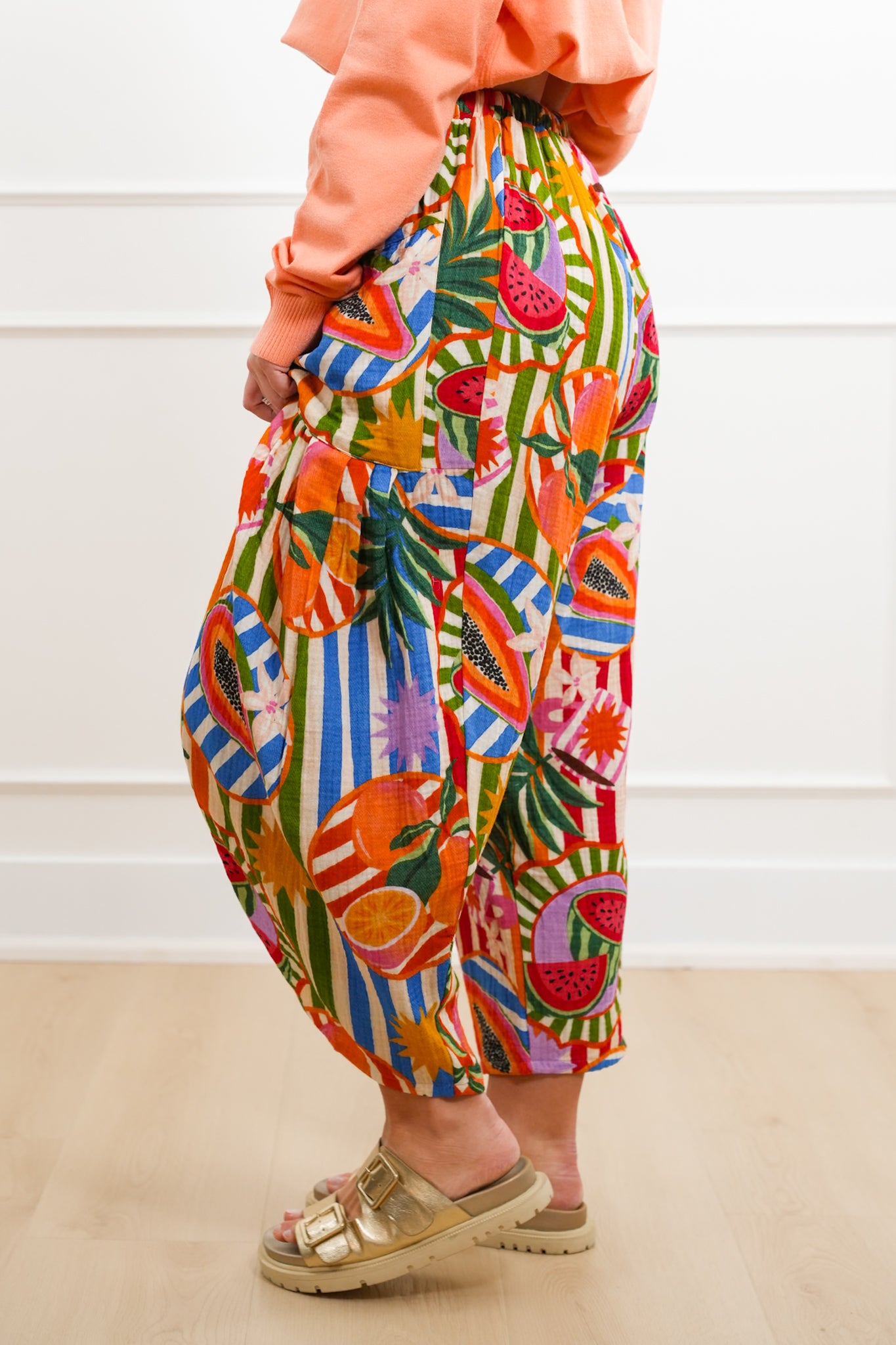 Plus/Reg Wide Leg Tropical Print Pants with Elastic Drawstring Waist