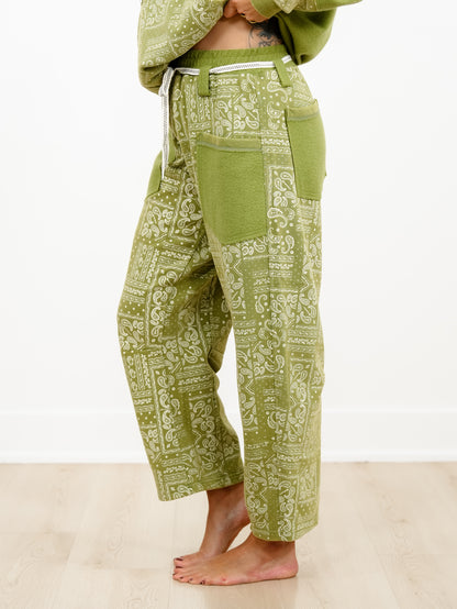 Paisley Patchwork Print Mineral Wash Barrel Leg Pants