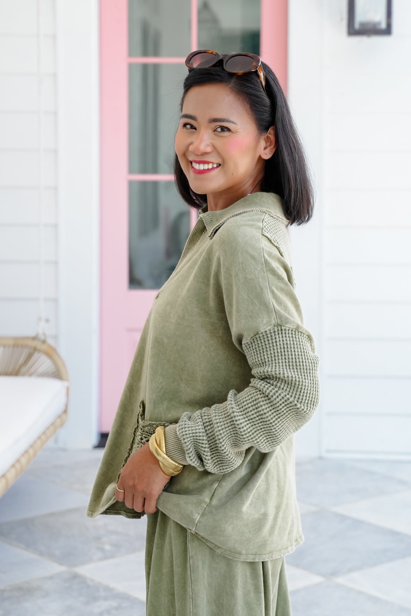 Mineral Wash Long Sleeve V-Neck Top
