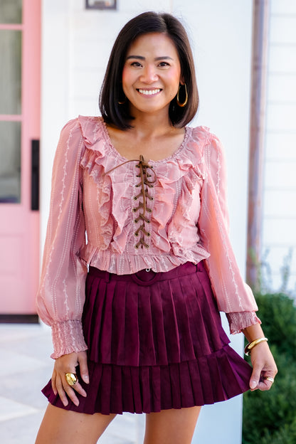 Long Sleeve Lace-Up Ruffle Blouse