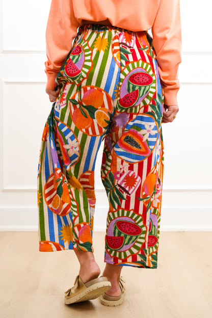 Plus/Reg Wide Leg Tropical Print Pants with Elastic Drawstring Waist