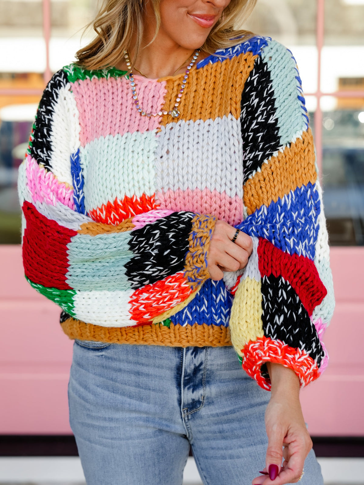 Multi Color Color Block Patch Long Sleeve Sweater - Freckled Poppy