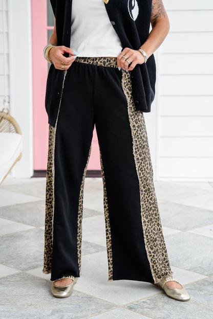 Black Wide Leg Elastic Waist Pants With Leopard Detail