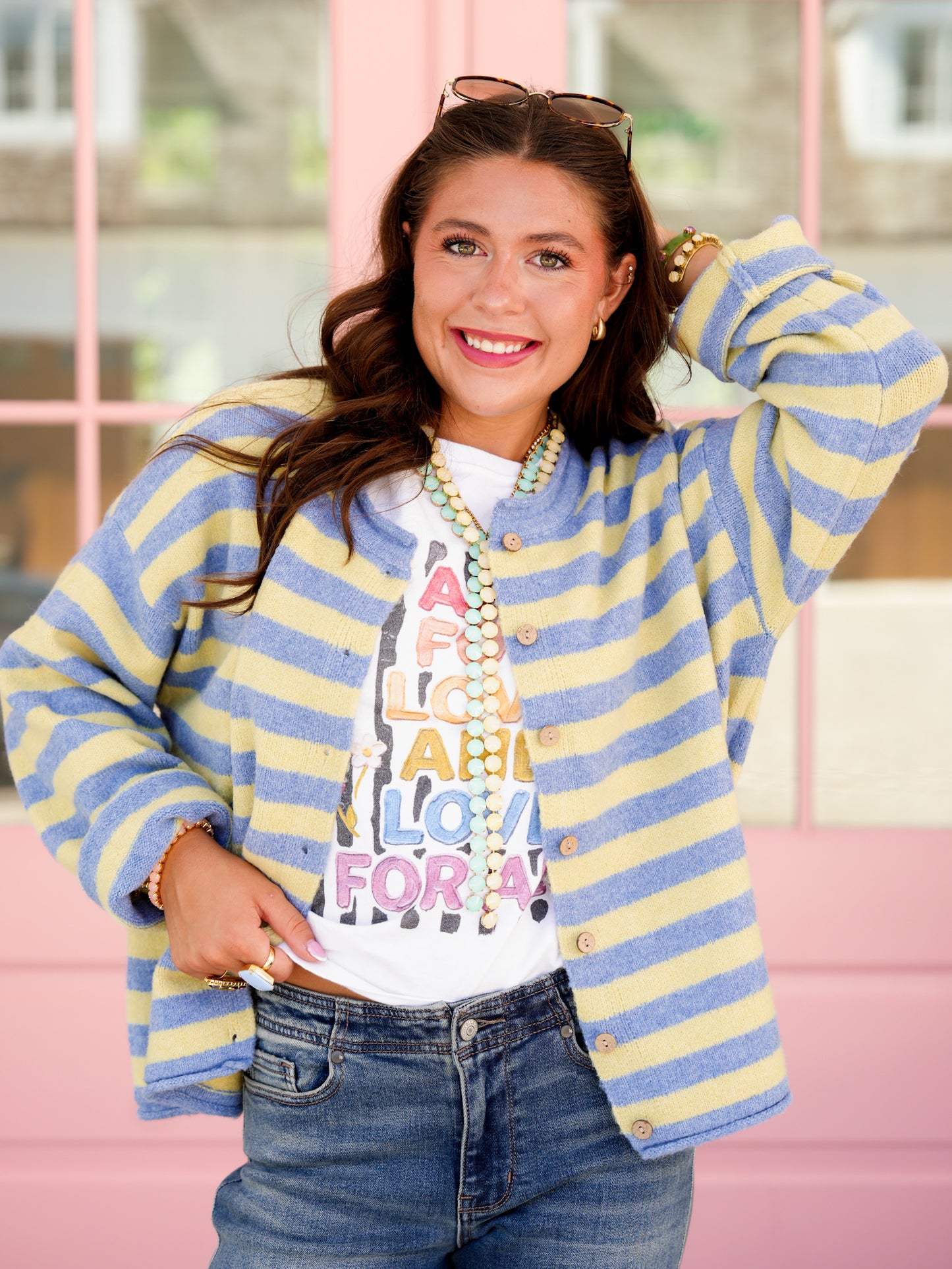 Plus/Reg Stripe Long Sleeve Button Down Cardigan