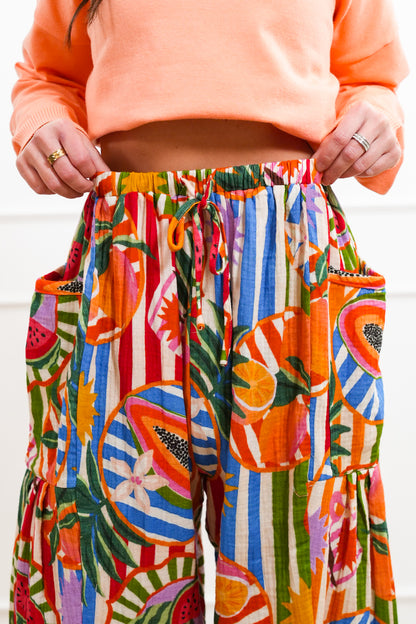 Plus/Reg Wide Leg Tropical Print Pants with Elastic Drawstring Waist