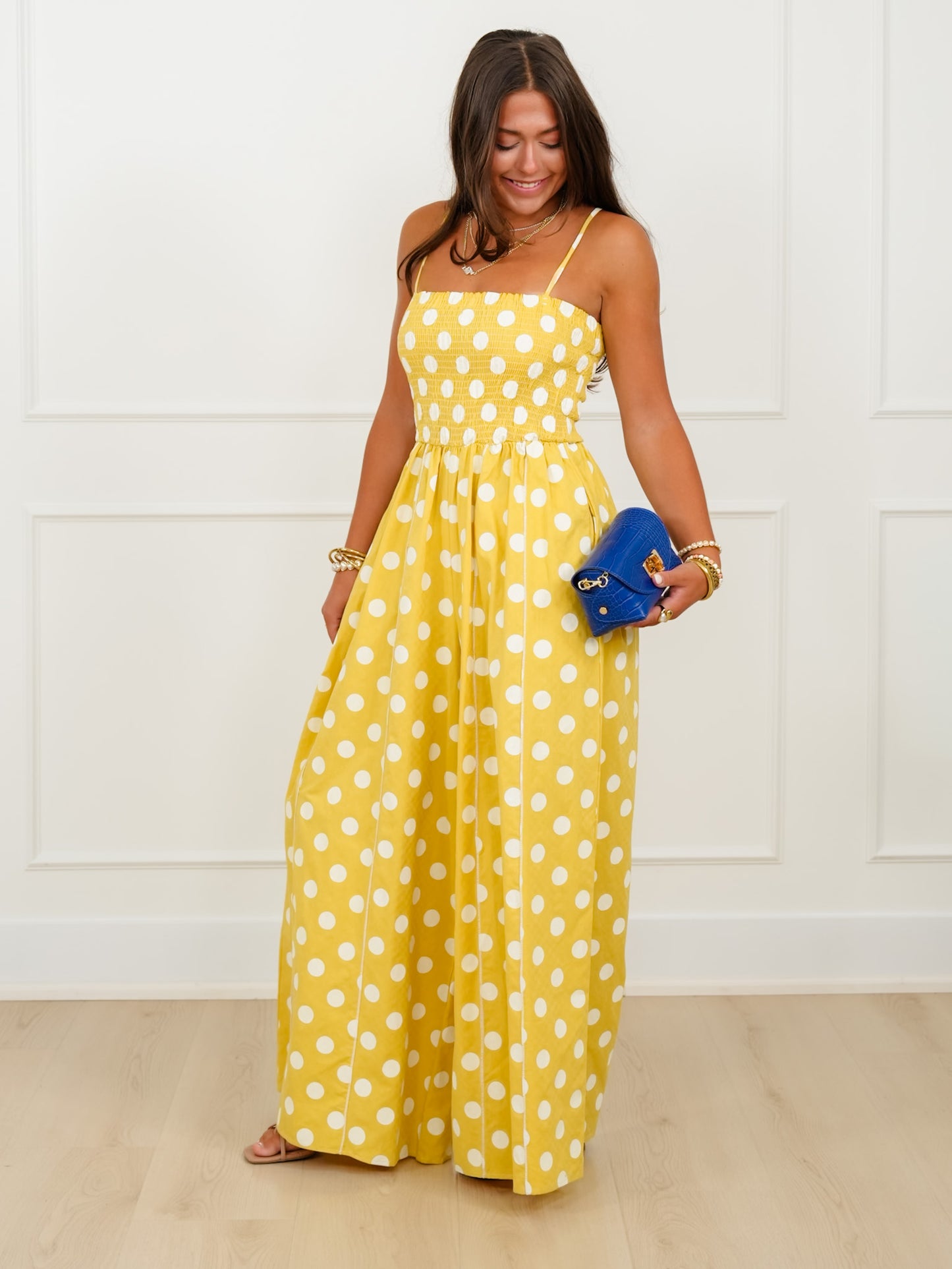 Sleeveless Polka Dot Print Smocked Top Jumpsuit