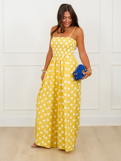 Sleeveless Polka Dot Print Smocked Top Jumpsuit