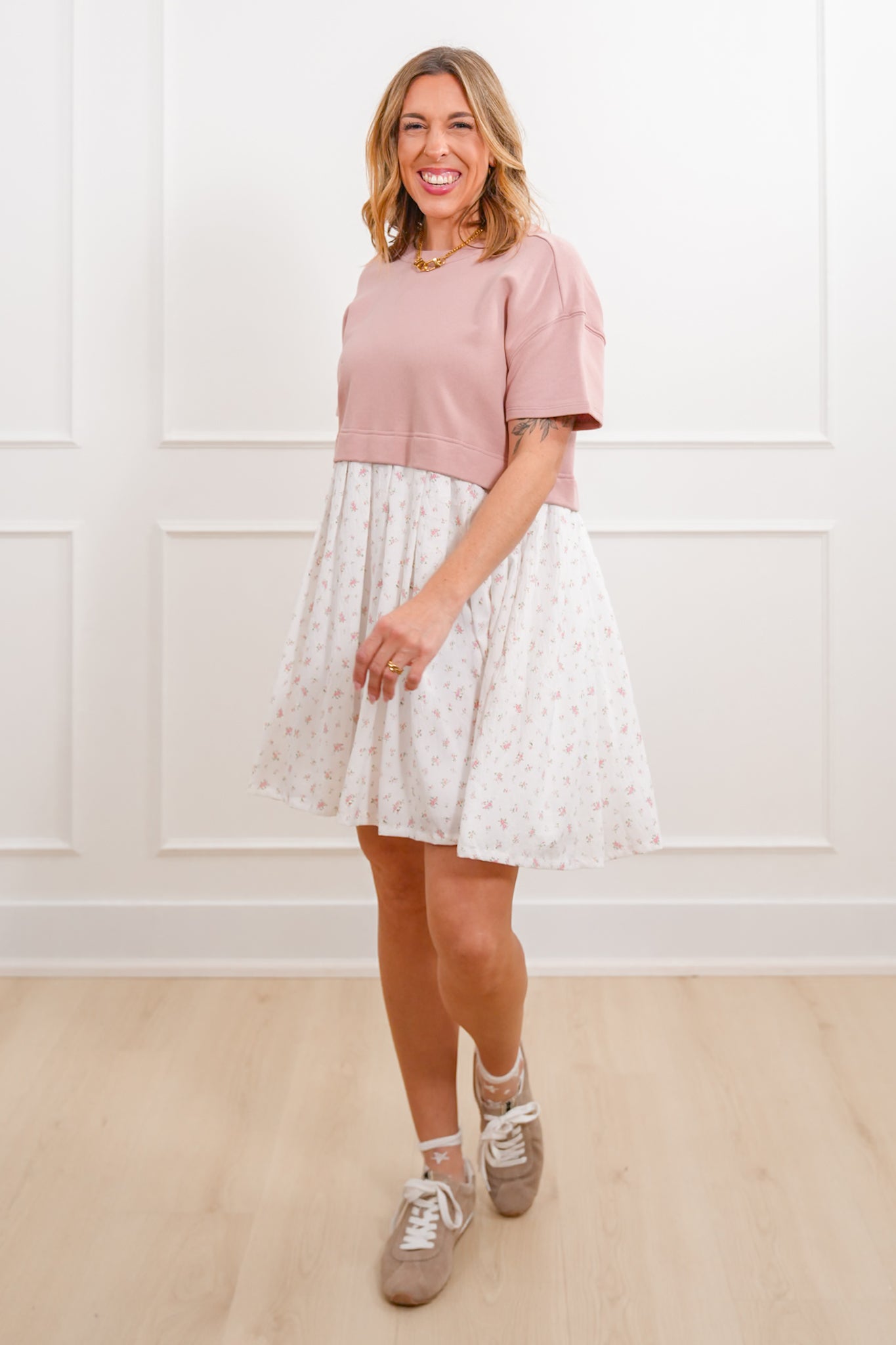 Short Sleeve Mixed Media Knit Floral Mini Dress