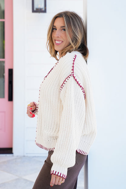 POL Chenille Long Sleeve V Neck Sweater with Stitching