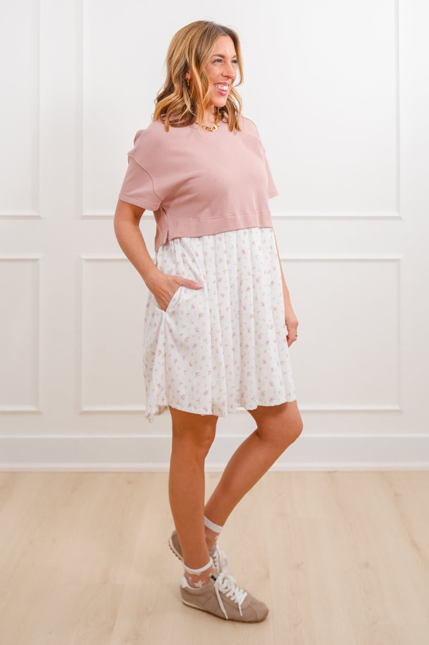 Short Sleeve Mixed Media Knit Floral Mini Dress