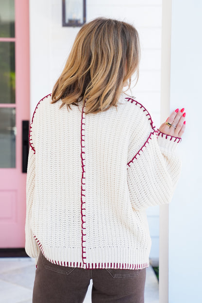 POL Chenille Long Sleeve V Neck Sweater with Stitching
