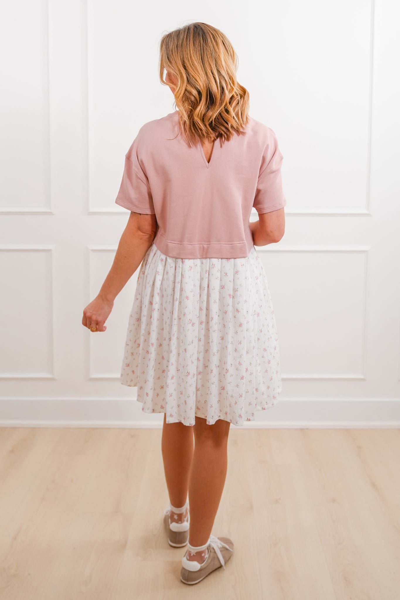 Short Sleeve Mixed Media Knit Floral Mini Dress