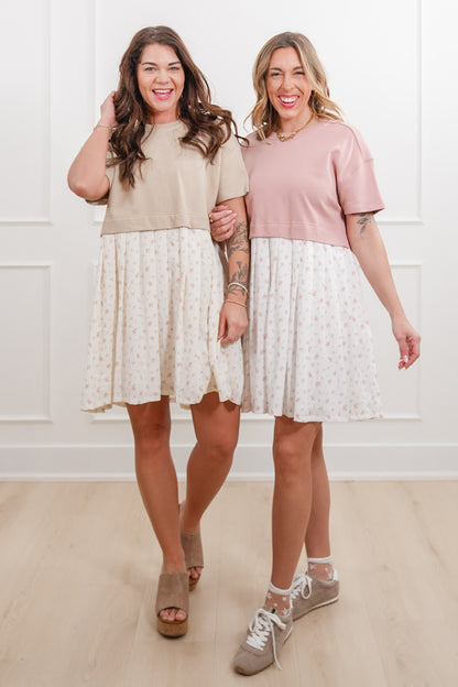 Short Sleeve Mixed Media Knit Floral Mini Dress