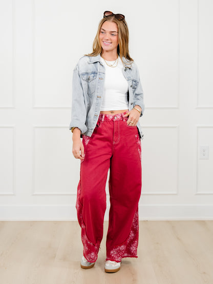 POL Red High Waist Wide Leg Pants with Paisley Print