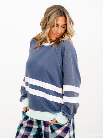 Long Sleeve Terry Pullover Top with Contrast Stripe - Freckled Poppy