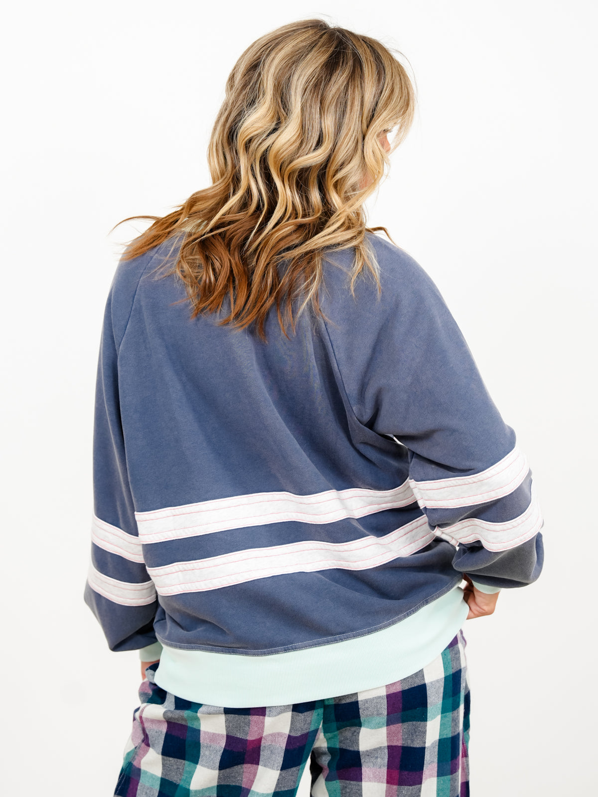 Long Sleeve Terry Pullover Top with Contrast Stripe - Freckled Poppy