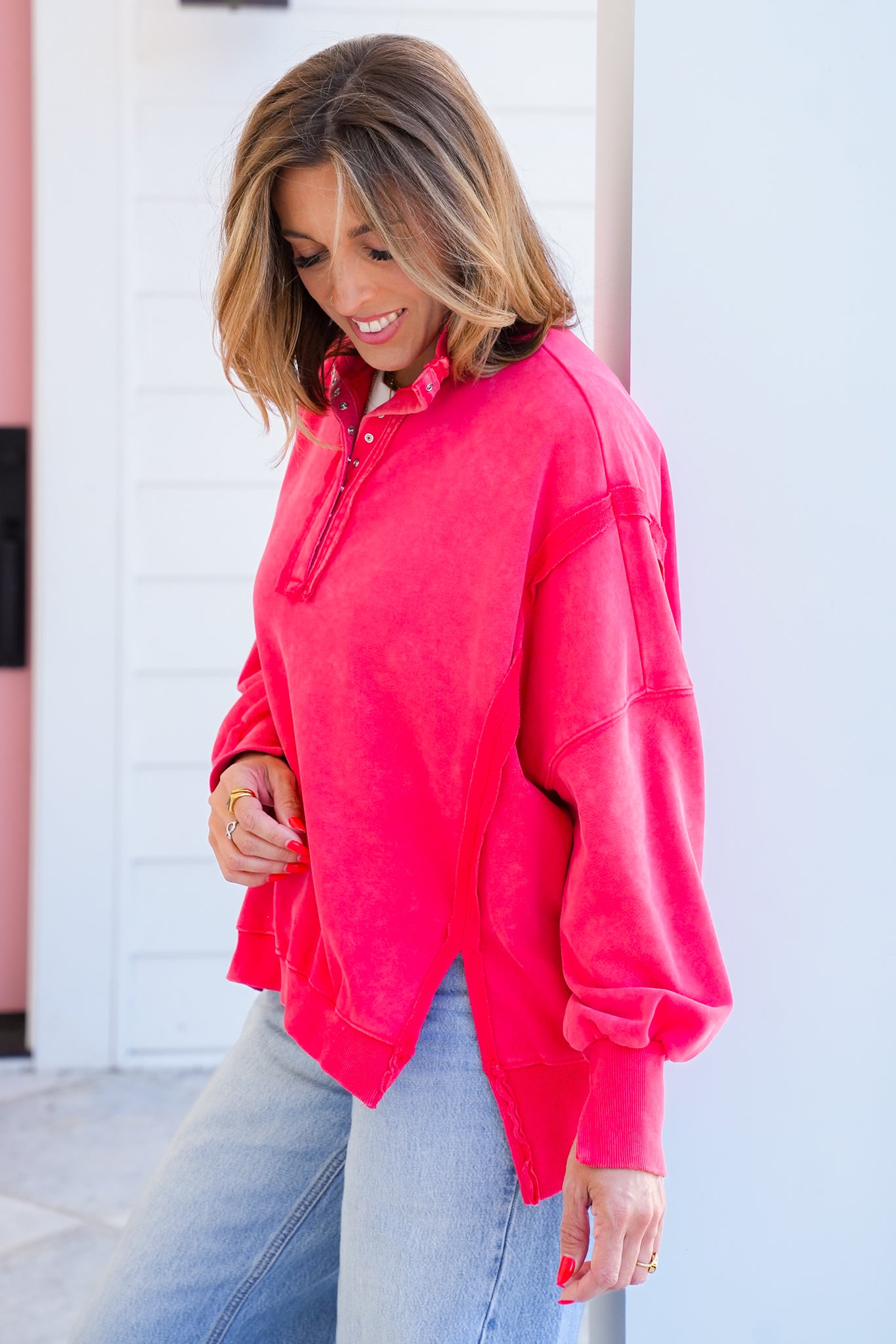 Long Sleeve Button Up Top With Reverse Seam
