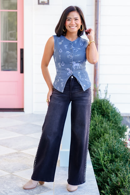 Western Print Button Down Vest