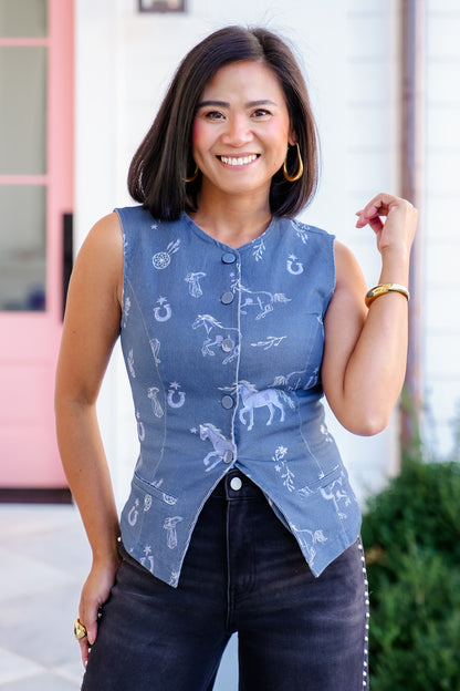 Western Print Button Down Vest