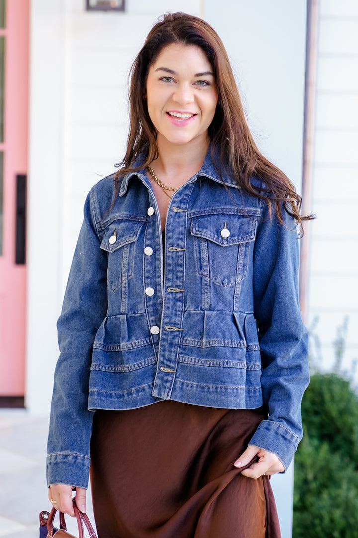 Medium Wash Long Sleeve Peplum Jacket