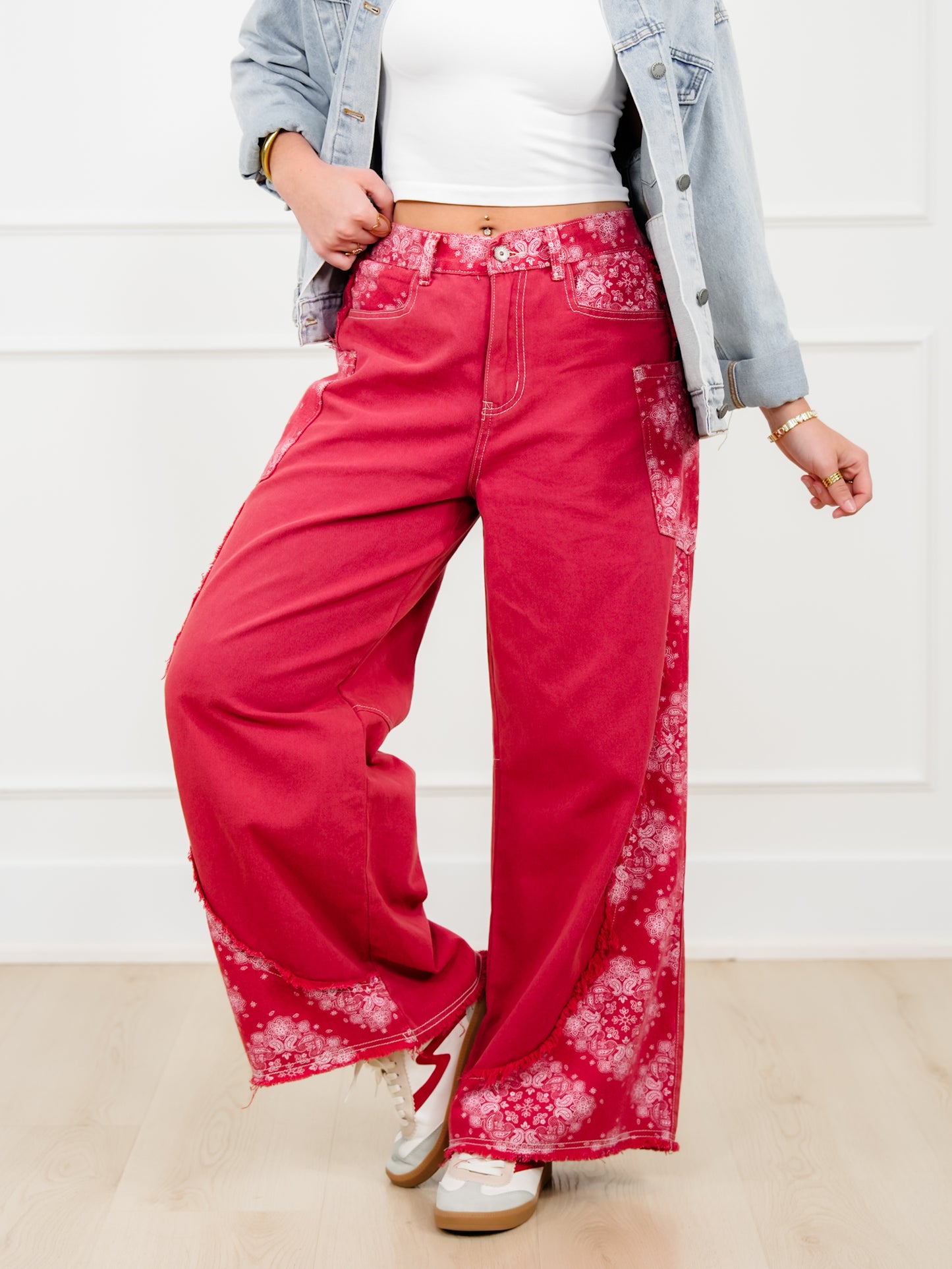 POL Red High Waist Wide Leg Pants with Paisley Print