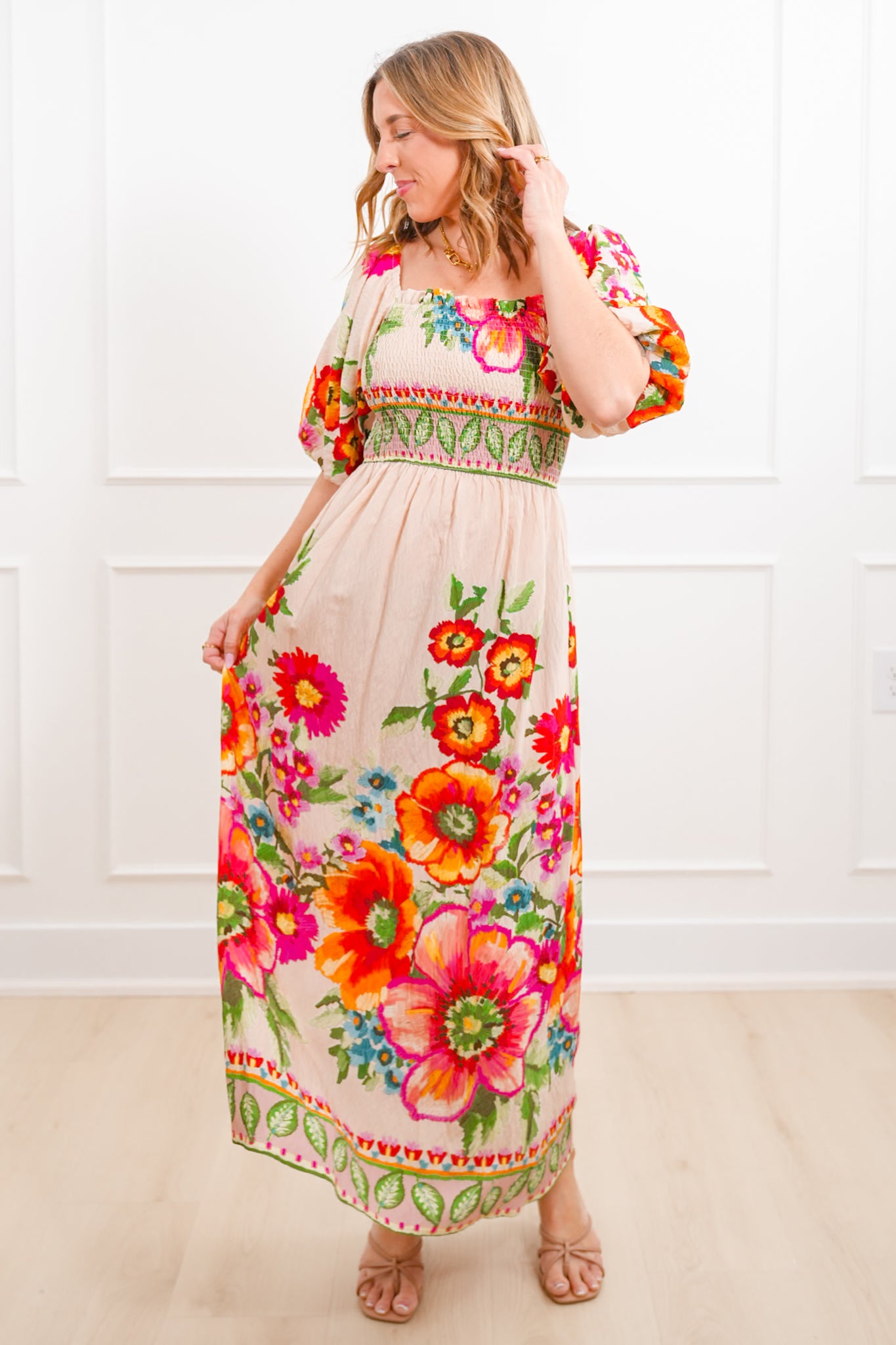 Plus/Reg Floral Print Short Bubble Sleeve Maxi Dress