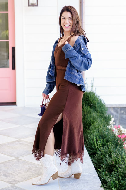 Brown Satin Sleeveless Maxi Dress with Lace Trim Freckled Poppy Brown Satin Sleeveless Maxi Dress with Lace Trim Freckled Poppy