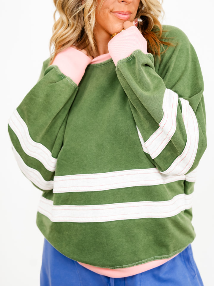 Restock! Long Sleeve Terry Pullover Top with Contrast Stripe - Freckled Poppy