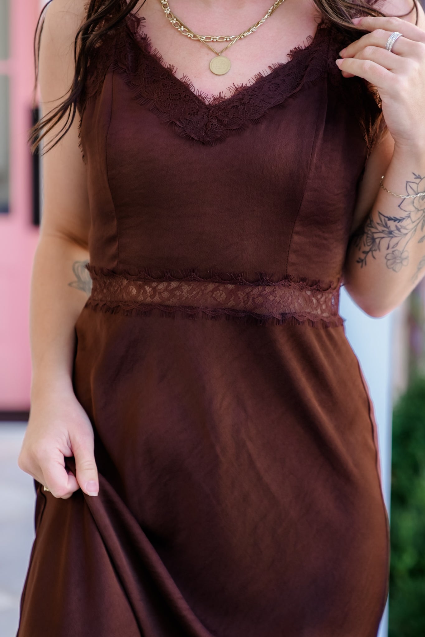 Brown Satin Sleeveless Maxi Dress with Lace Trim