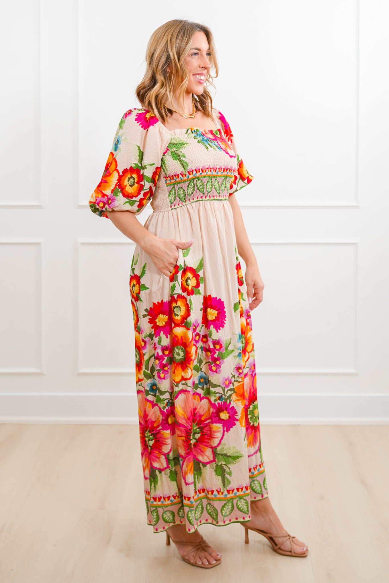 Plus/Reg Floral Print Short Bubble Sleeve Maxi Dress