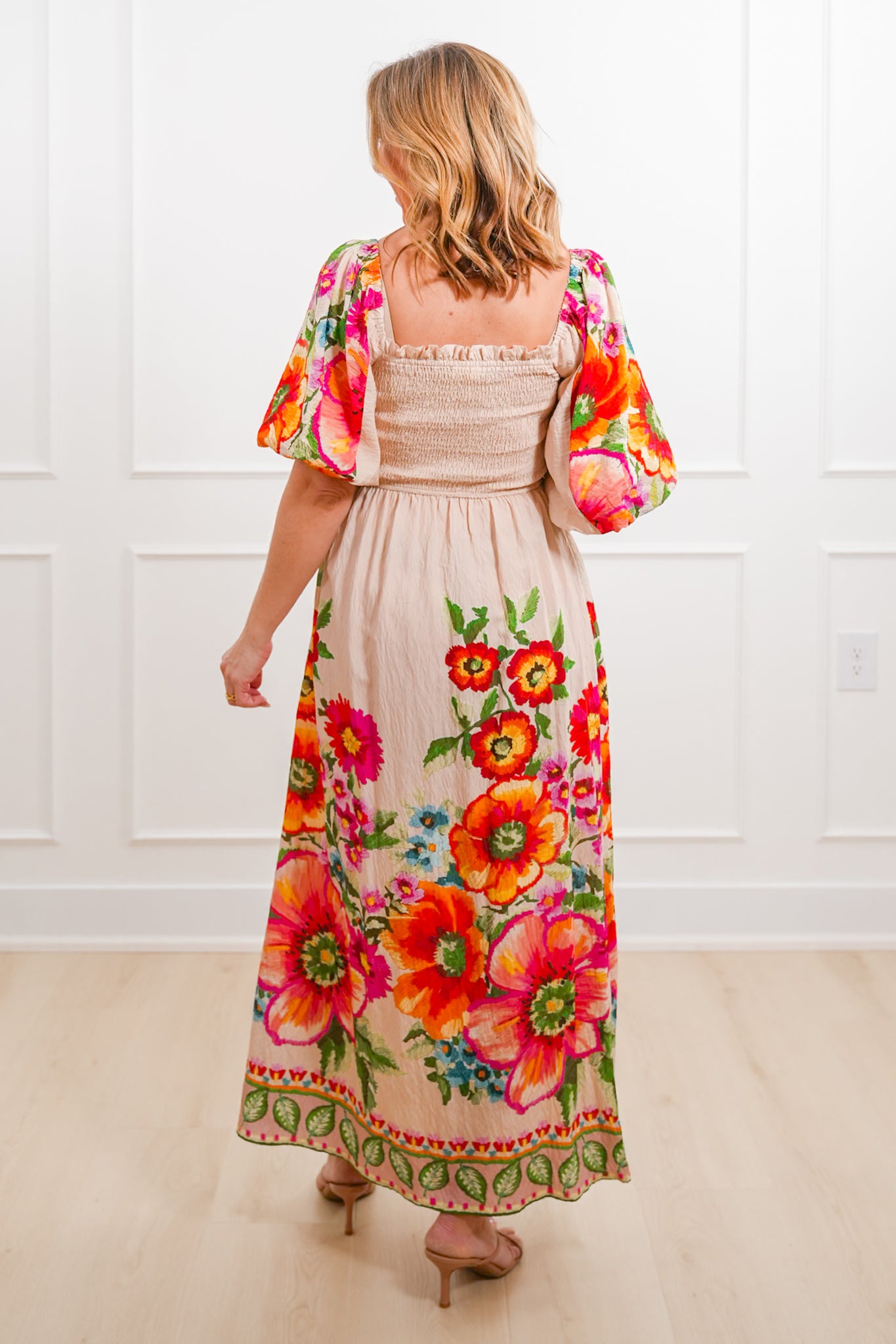 Plus/Reg Floral Print Short Bubble Sleeve Maxi Dress