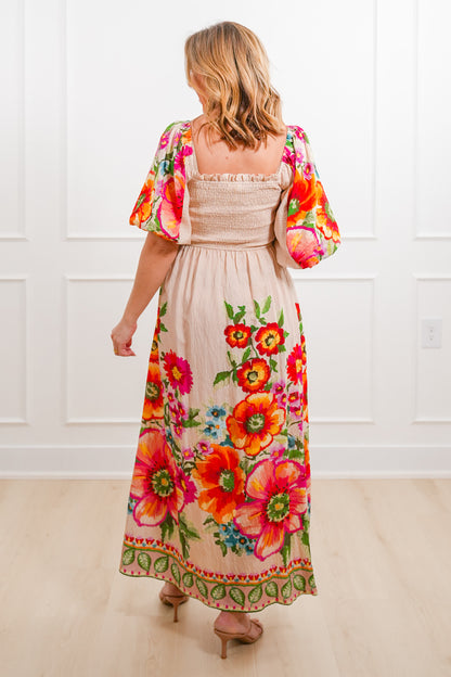 Plus/Reg Floral Print Short Bubble Sleeve Maxi Dress