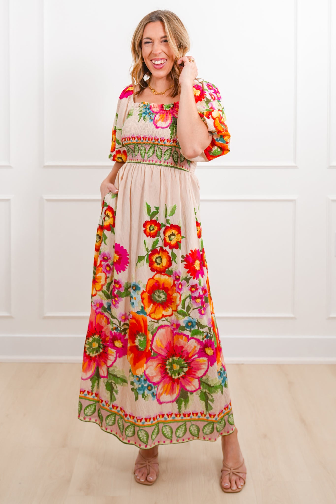 Plus/Reg Floral Print Short Bubble Sleeve Maxi Dress