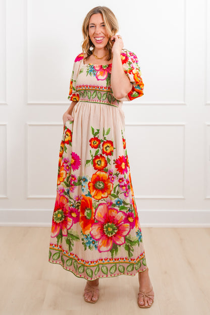 Plus/Reg Floral Print Short Bubble Sleeve Maxi Dress
