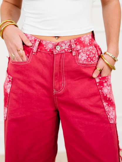 POL Red High Waist Wide Leg Pants with Paisley Print