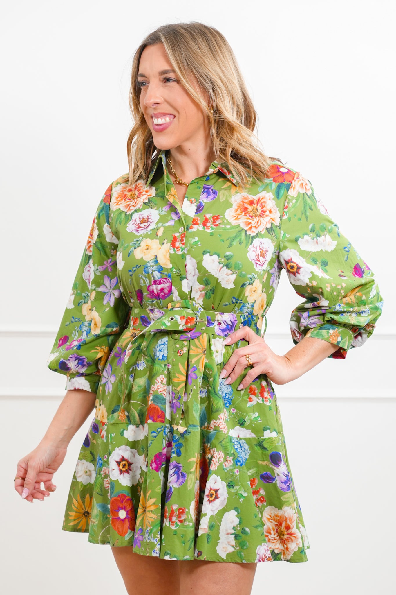 Floral Pattern 3/4 Sleeve Mini Dress with Waist Belt