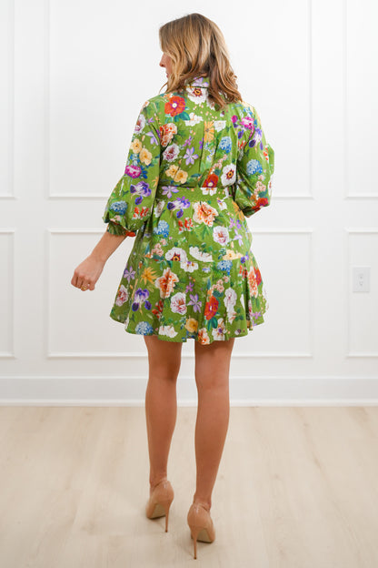 Floral Pattern 3/4 Sleeve Mini Dress with Waist Belt