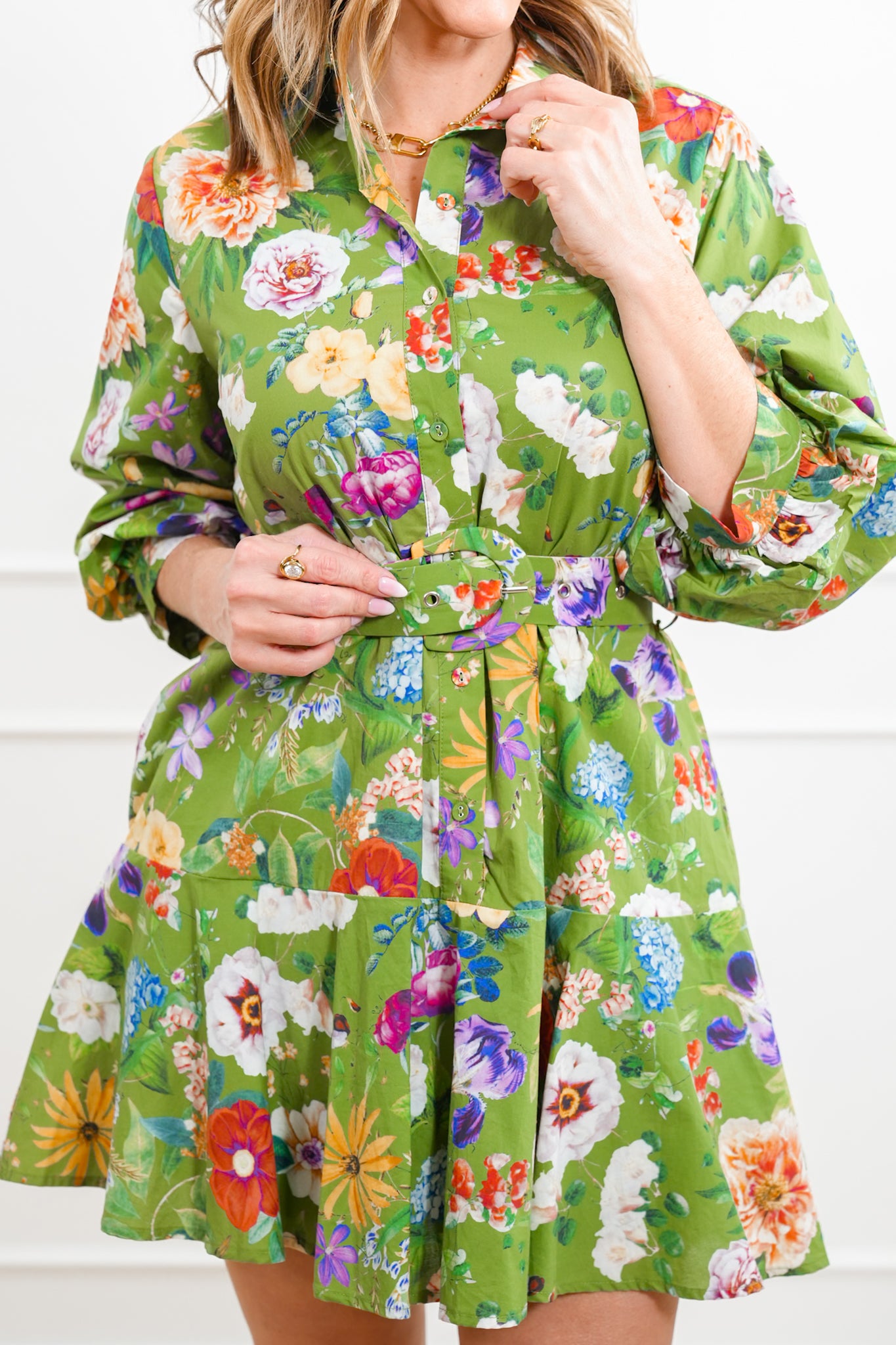 Floral Pattern 3/4 Sleeve Mini Dress with Waist Belt