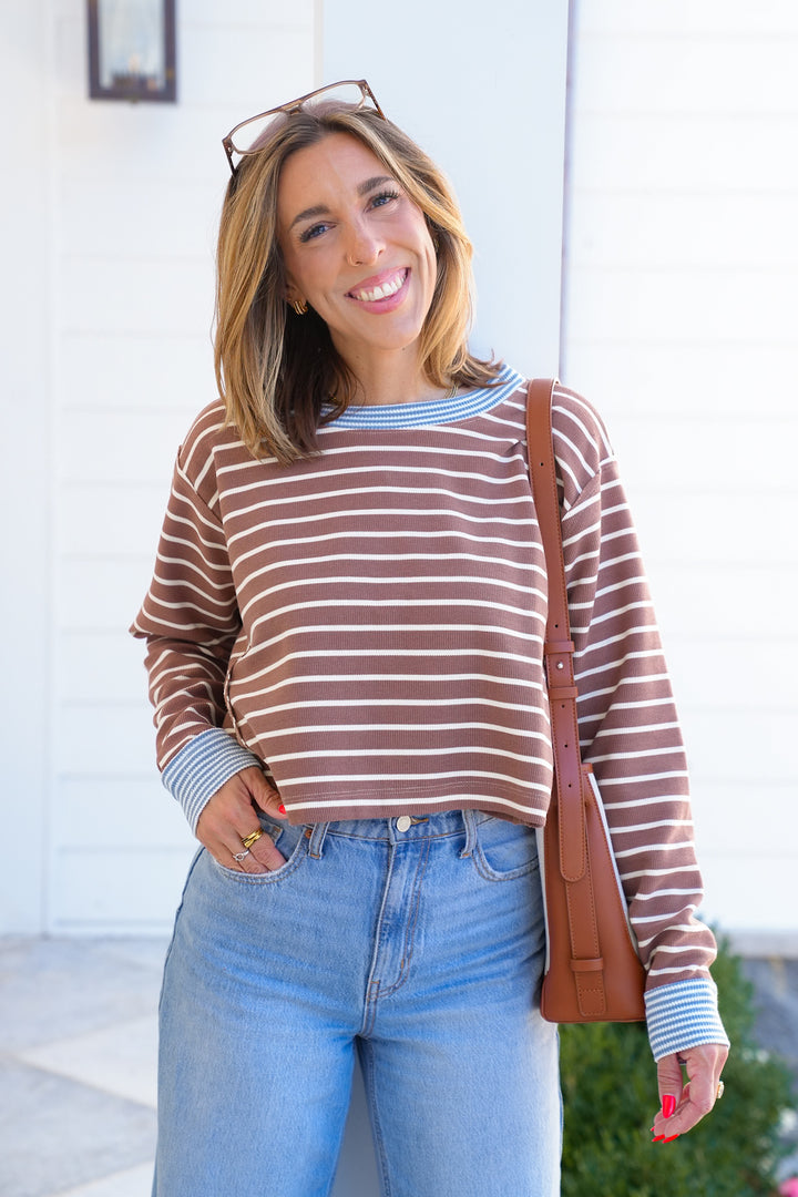 Stripe Long Sleeve Cropped Top with Reverse Seam