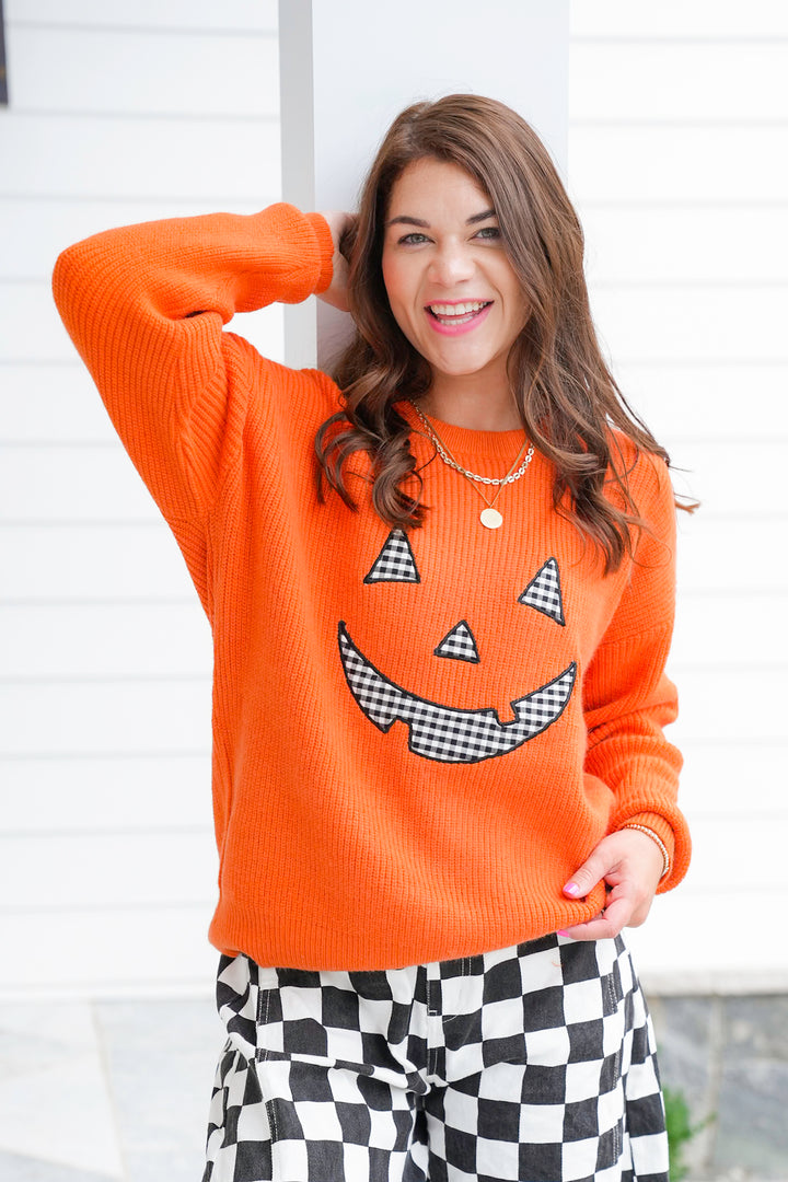 Long Sleeve Pumpkin Knit Sweater with Plaid Detail
